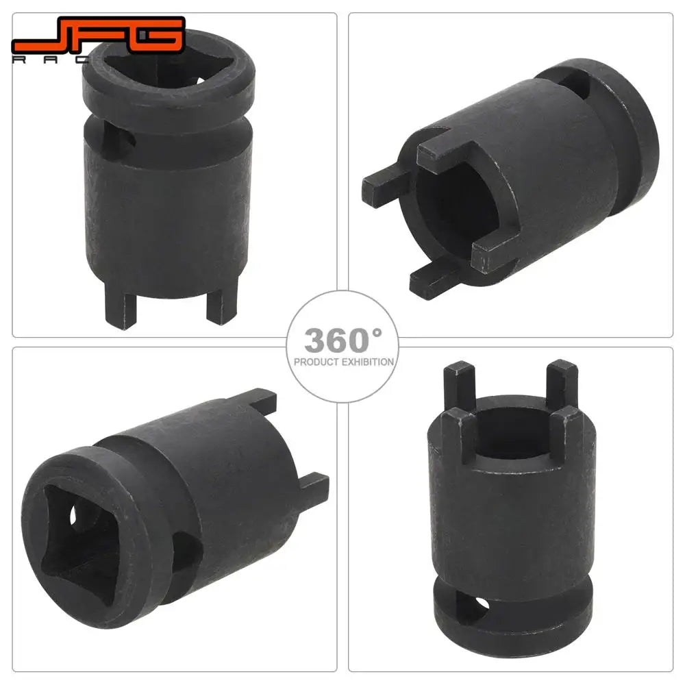 Black 4-pin lock nut removal socket for Sur-Ron and Segway electric bikes shown from multiple angles