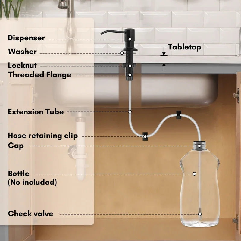 Stainless steel liquid soap dispenser with a threaded flange and extension tube shown in a kitchen cabinet.