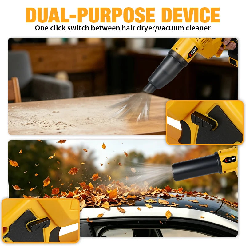 A yellow cordless dual-purpose device used to switch between a hair dryer and vacuum cleaner.