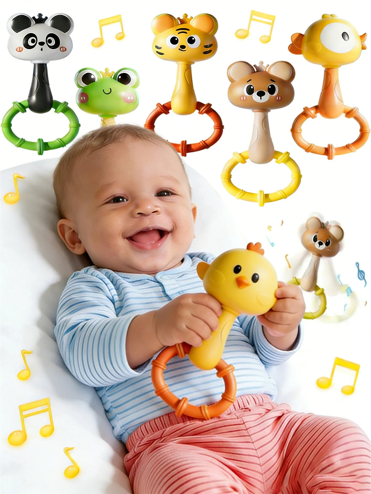 A baby is holding a yellow cartoon animal rattle toy surrounded by various animal-themed sensory toys.