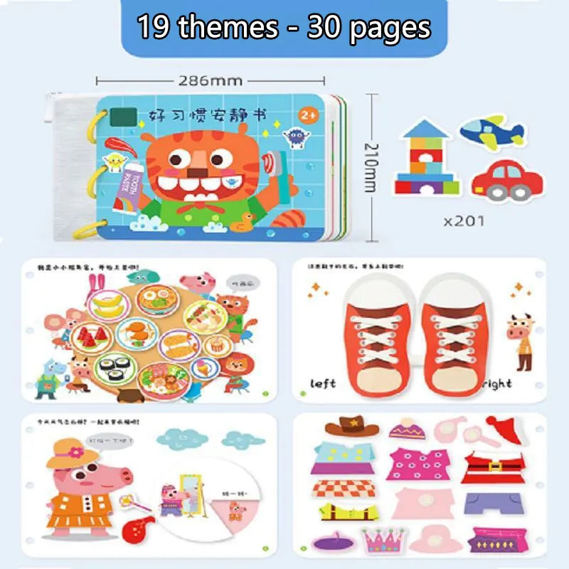 A set of 19 themes in a 30-page Montessori busy book for toddlers featuring various activities and pages.
