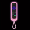 A pink glow-in-the-dark silicone remote control cover with a flexible cord.