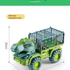 A green dinosaur transport truck with a T-Rex figure and a wire crate, shown from the side.