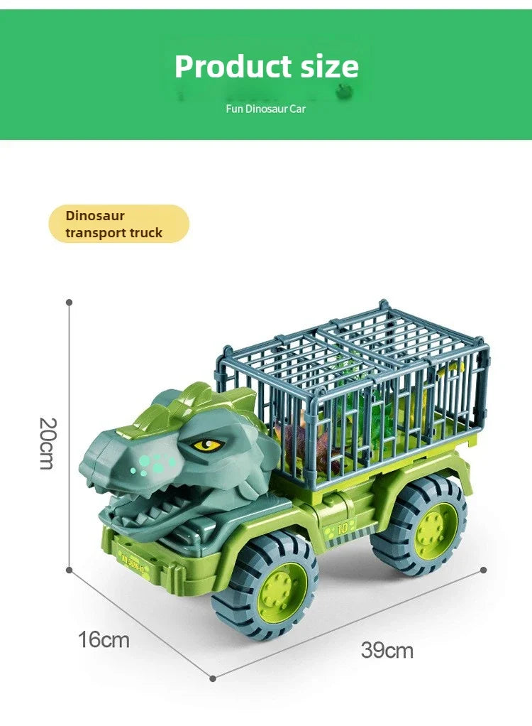 A green dinosaur transport truck with a T-Rex figure and a wire crate, shown from the side.