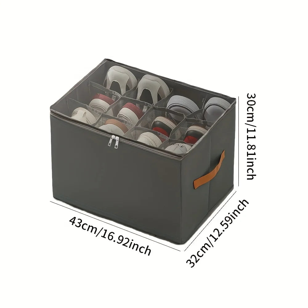 A dark gray foldable shoe organizer with a dustproof lid showing multiple pairs of shoes.