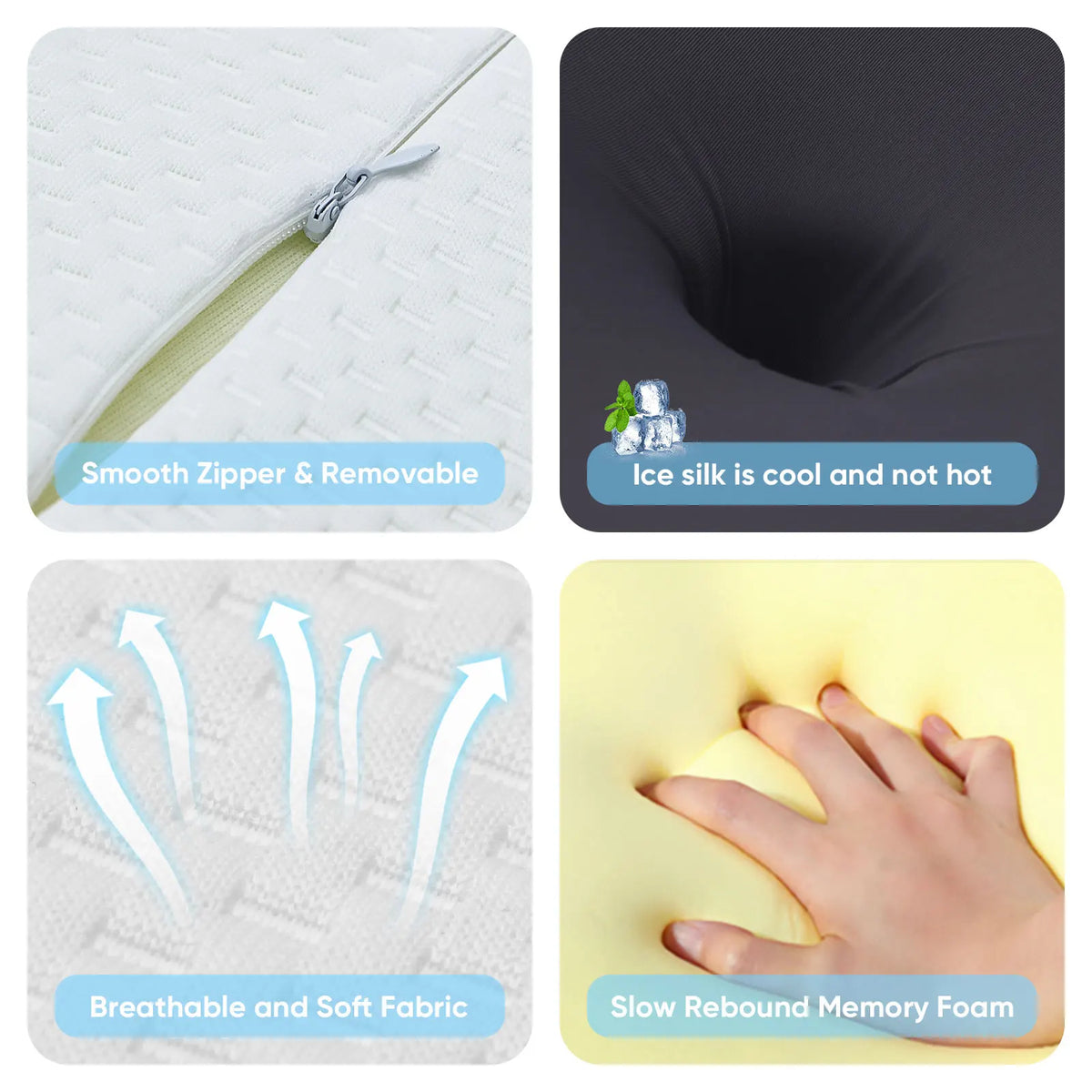 Ergonomic memory foam pillow with an ice silk cover showing features like a smooth zipper, breathable fabric, and slow reboun