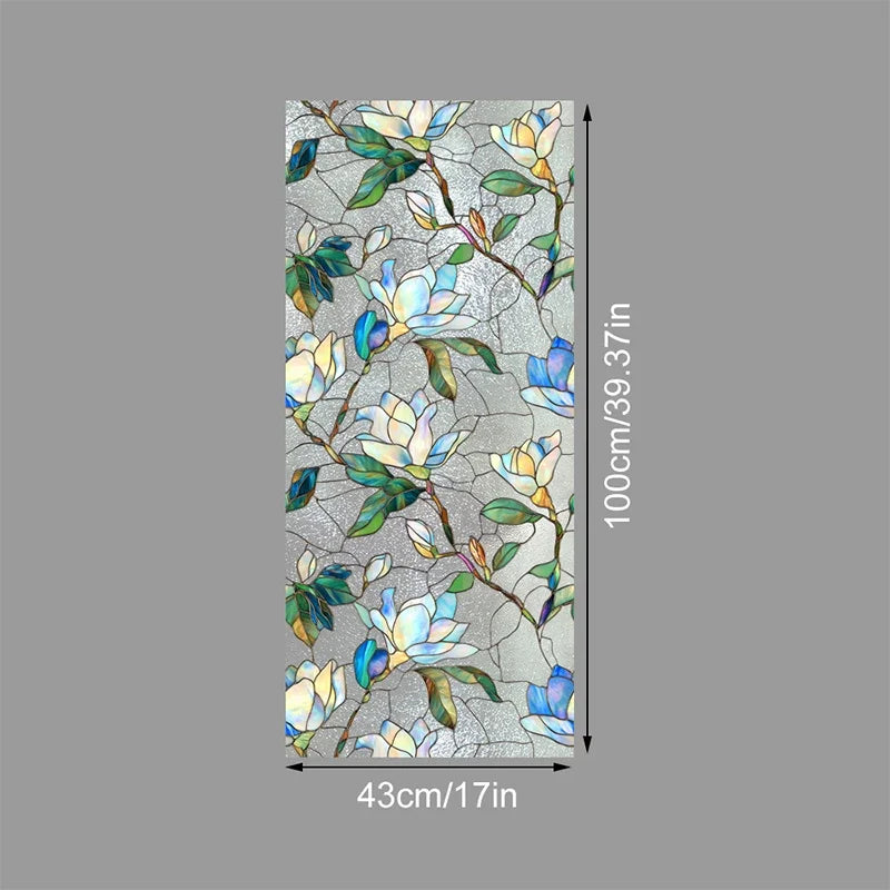 Floral stained glass window film featuring white and blue flowers on a gray background