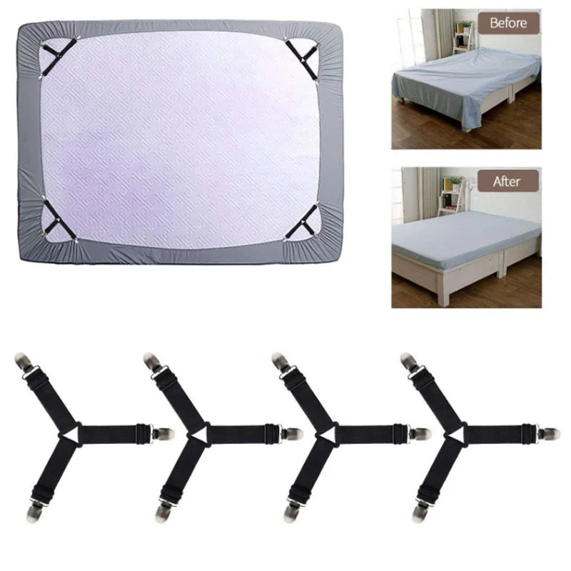 Set of adjustable bed sheet holder straps with anti-slip clips for securing bedding.