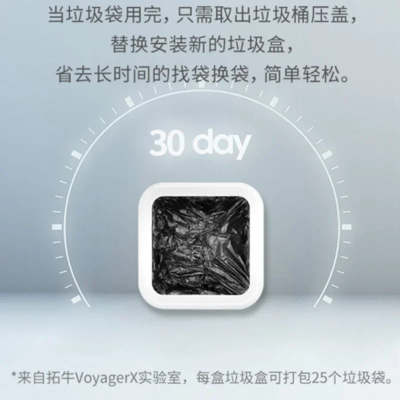 A white replacement refill ring for a smart kitchen trash can, shown within a circular graphic indicating a 30-day usage peri