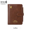 Brown leather travel wallet with an airplane pattern and RFID protection features