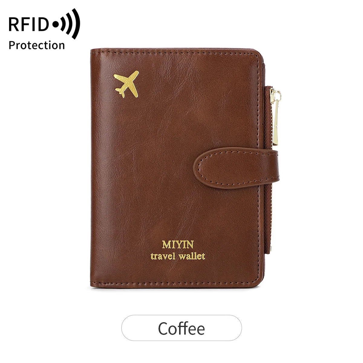 Brown leather travel wallet with an airplane pattern and RFID protection features