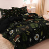 Black duvet cover set featuring a forest mushroom pattern with green leaves and white daisies.