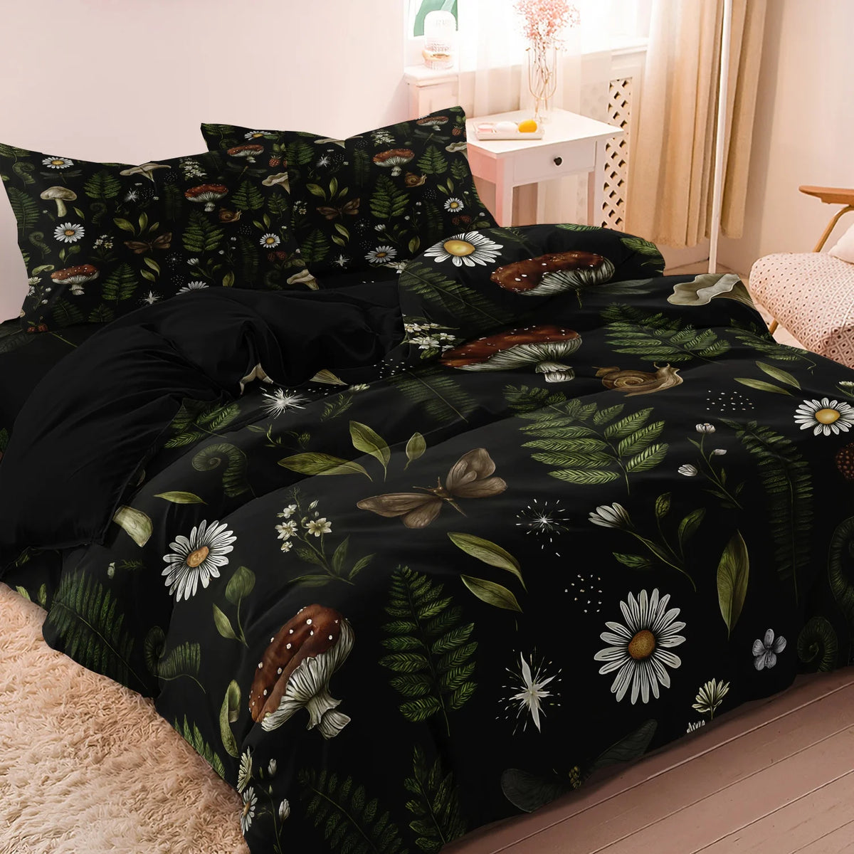 Black duvet cover set featuring a forest mushroom pattern with green leaves and white daisies.