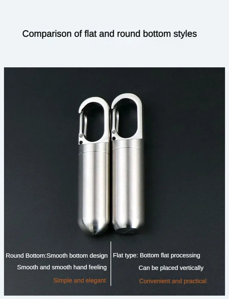 Comparison of flat and round bottom styles of stainless steel pill capsules with keychain.