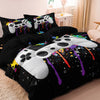 Black duvet cover set featuring a gamer theme print with controller and keyboard graphics