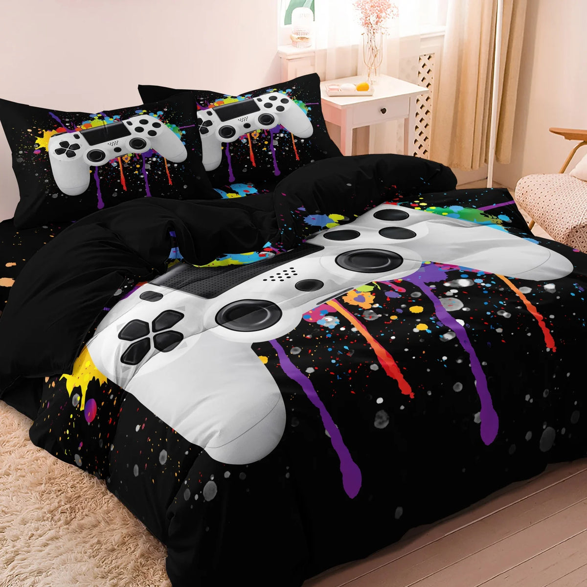 Black duvet cover set featuring a gamer theme print with controller and keyboard graphics