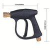 Black high pressure washer gun with brass fittings and a handle, shown from the side.