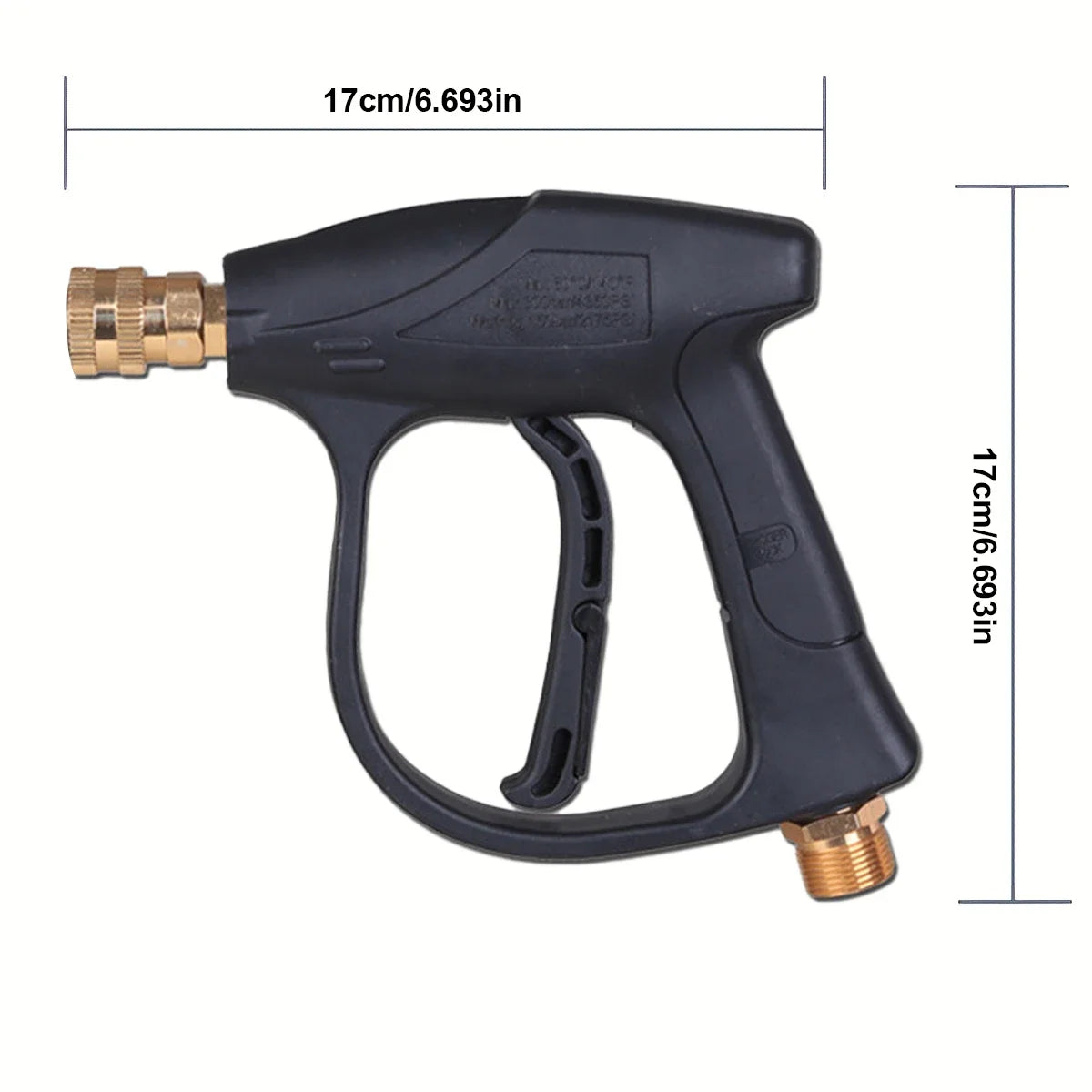Black high pressure washer gun with brass fittings and a handle, shown from the side.