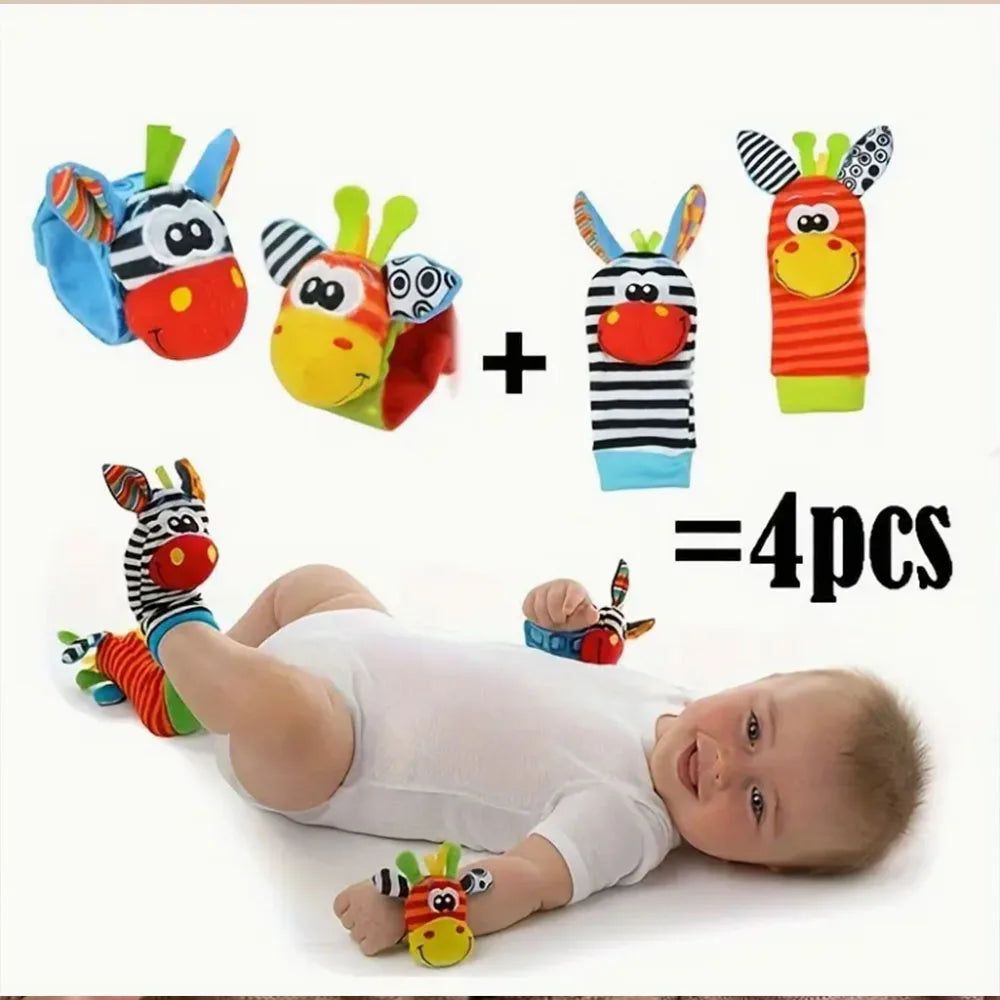 Four soft baby wrist rattles and foot finder socks for newborns displayed next to a baby.