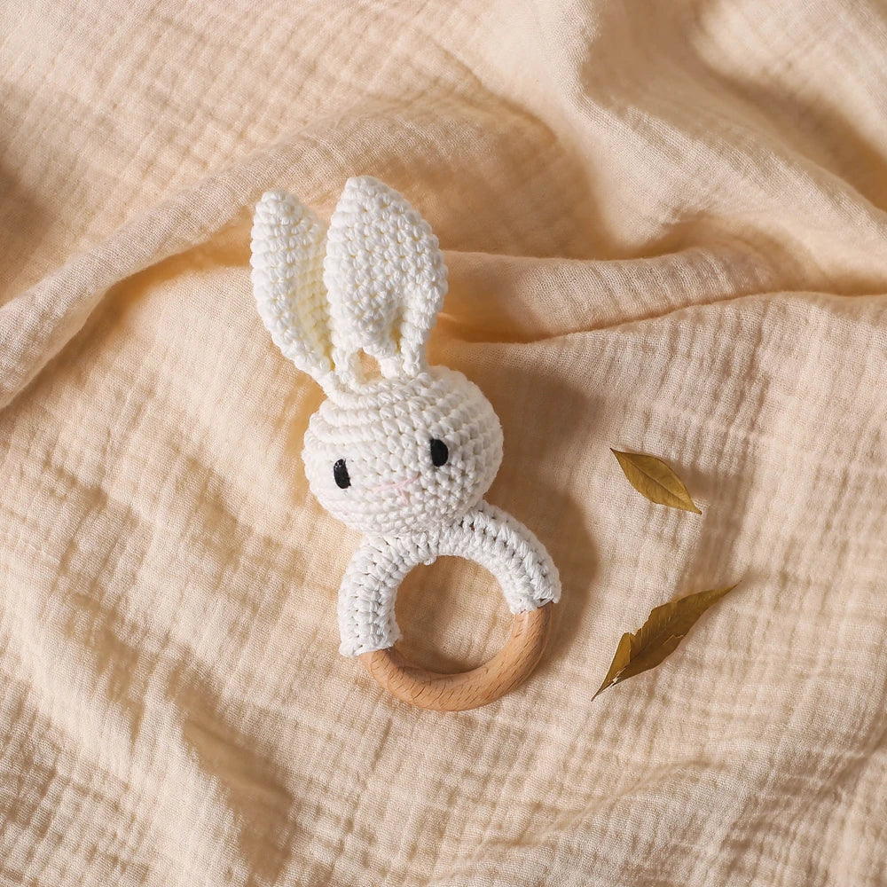 Handmade Crochet Bunny Rattle with Wooden Teether for Babies