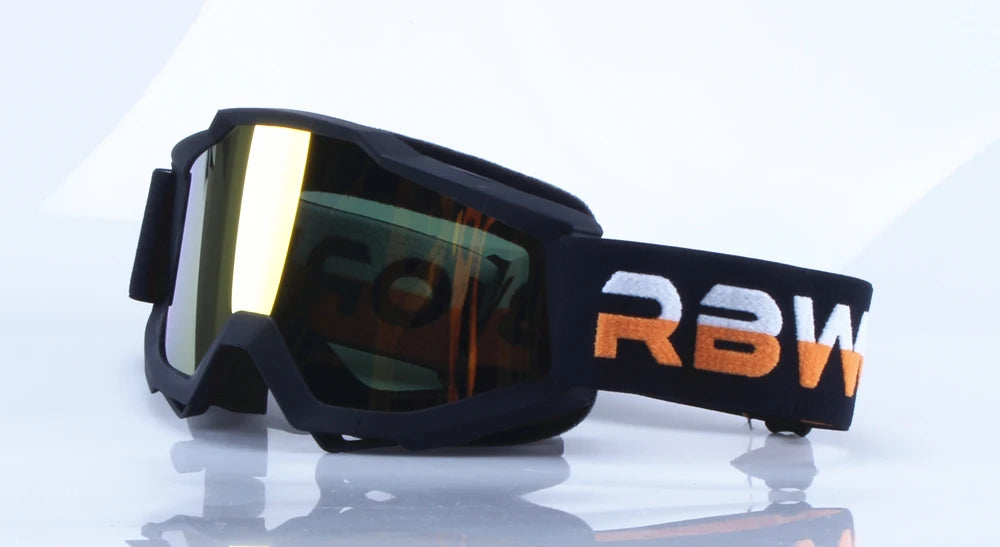 Black retro motorcycle sunglasses with orange RBW branding and yellow night vision lenses