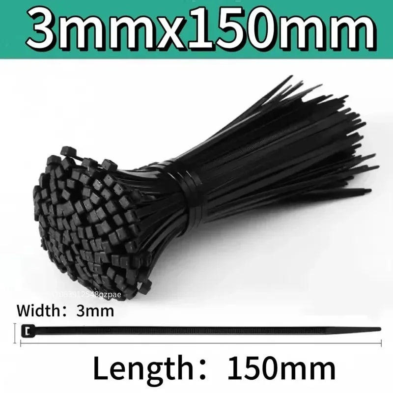 A bundle of black nylon cable ties measuring 3mm in width and 150mm in length.