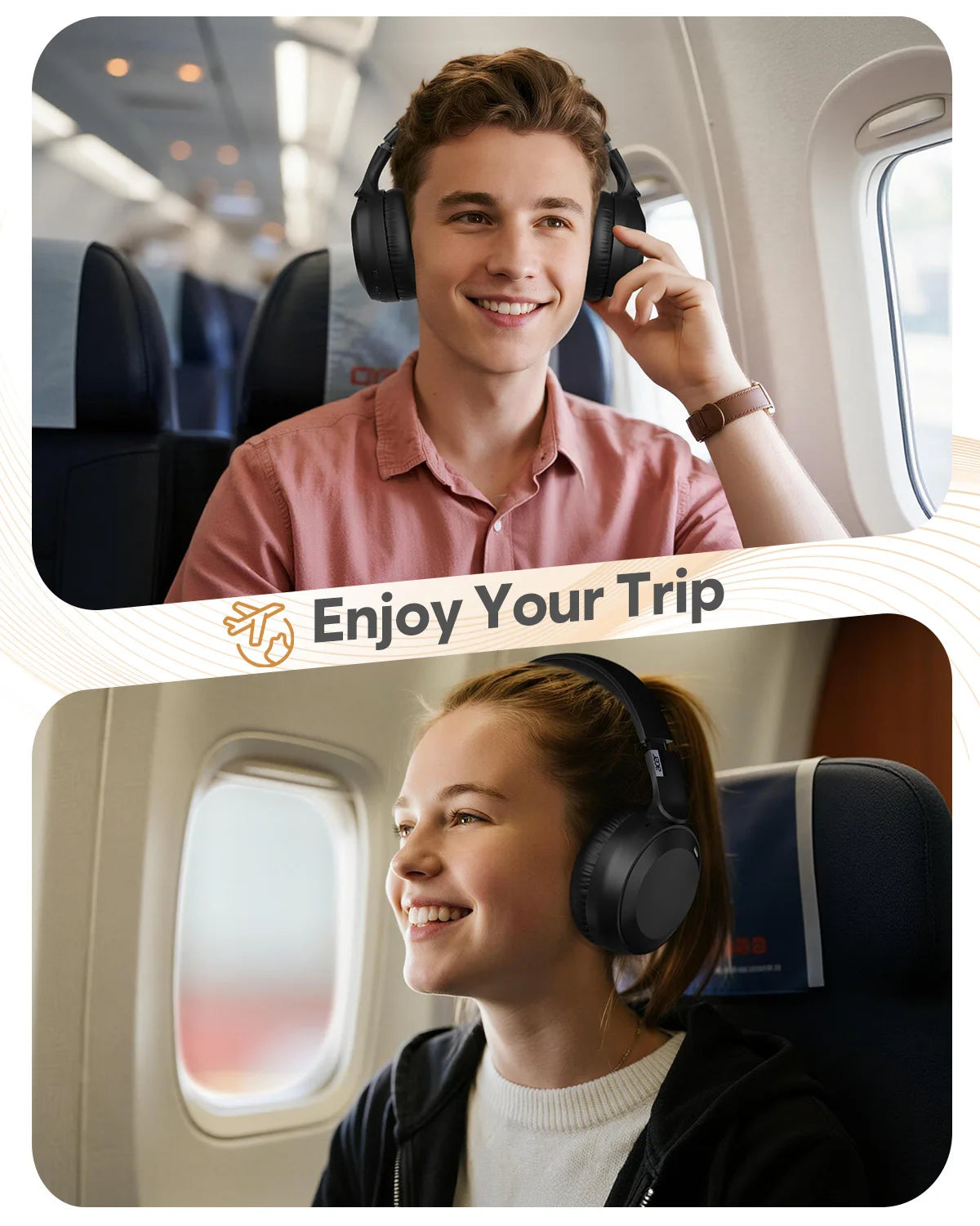 A young man and a girl are shown enjoying a trip, with one wearing black headphones.