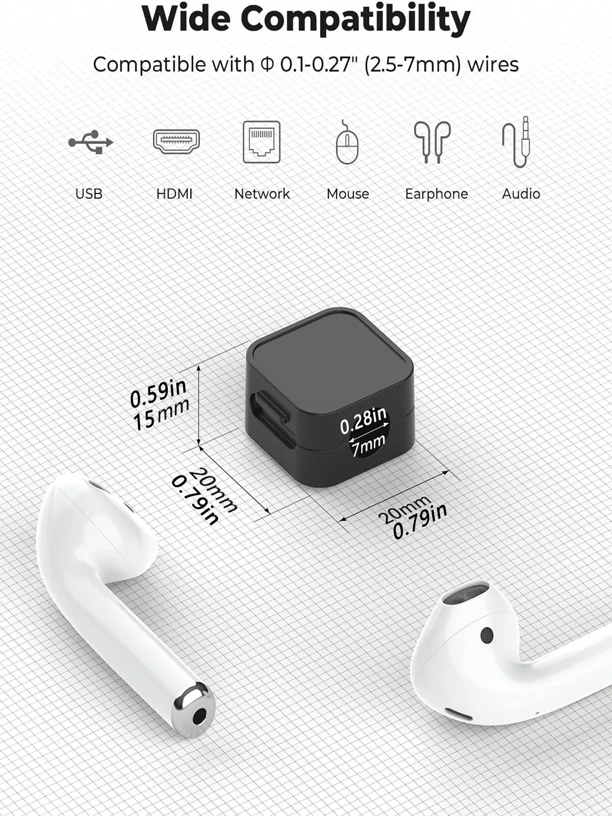 A white magnetic cable clip is shown next to a black rectangular component, illustrating compatibility with various wires.