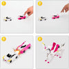 Four steps showing the assembly and transformation of a white and pink dinosaur car toy.