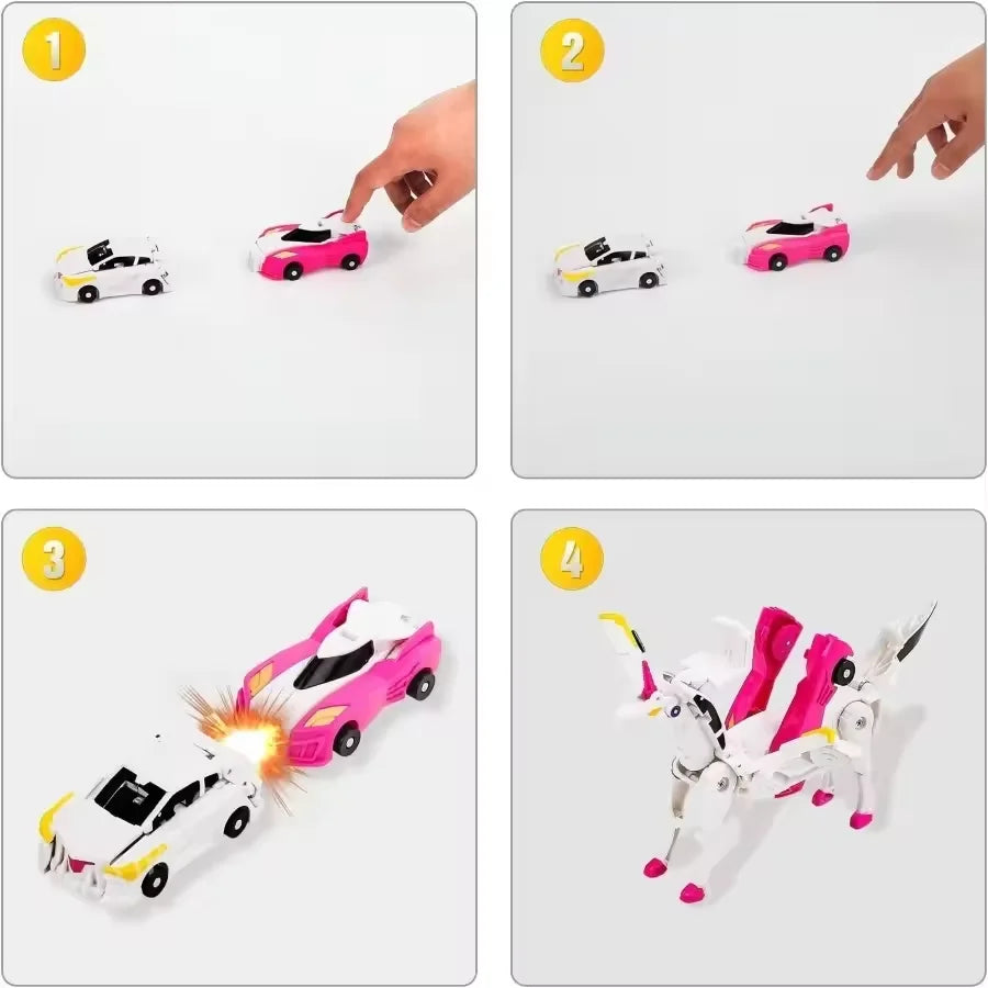 Four steps showing the assembly and transformation of a white and pink dinosaur car toy.