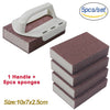 A set of five heavy-duty pink emery sponges and one white handle for cleaning pots and pans.