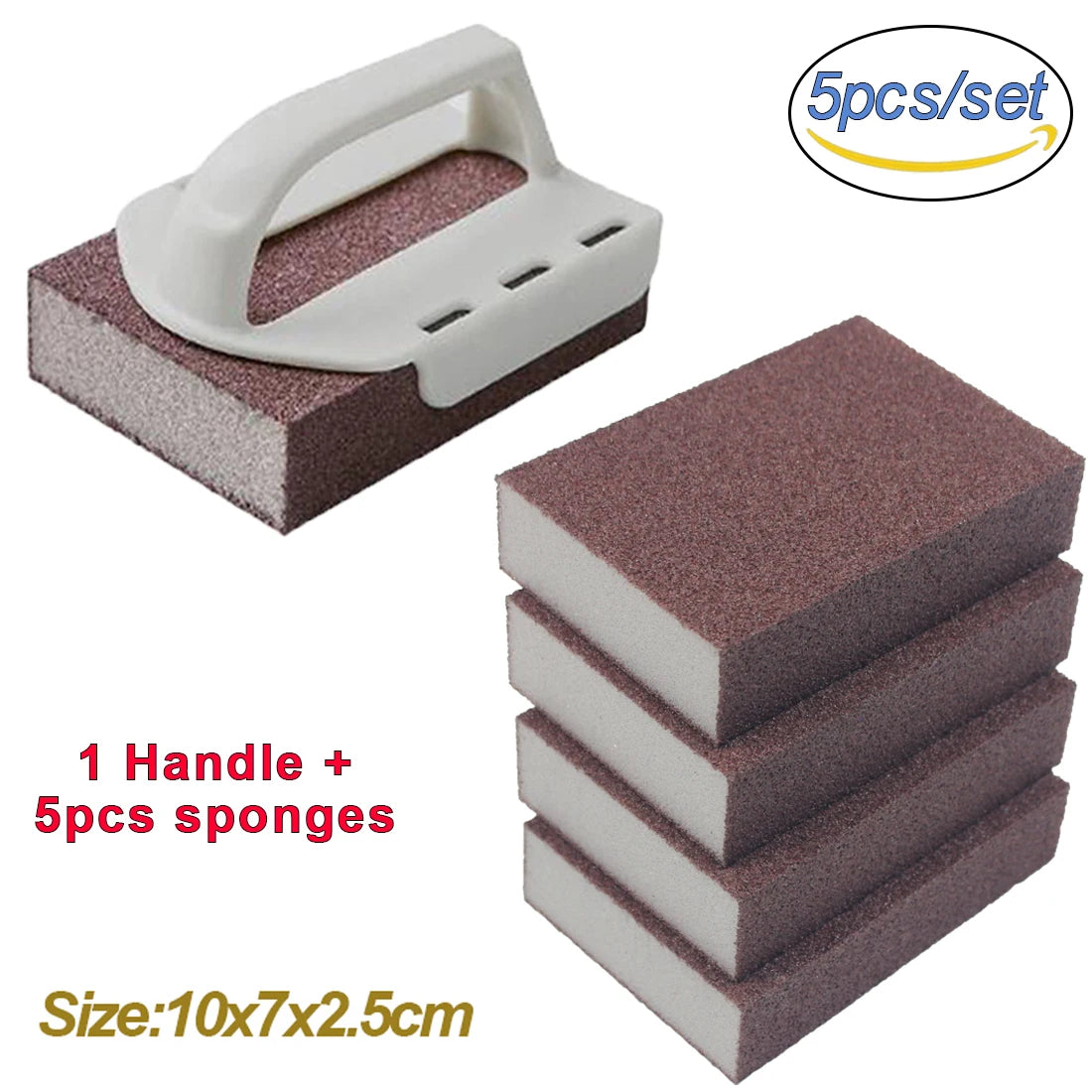 A set of five heavy-duty pink emery sponges and one white handle for cleaning pots and pans.