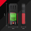 A black digital wood moisture meter is shown next to its disassembled parts, highlighting the device's dimensions.