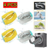 Four yellow and gray laundry bags with protective mesh nets for washing shoes are shown next to a washing machine.