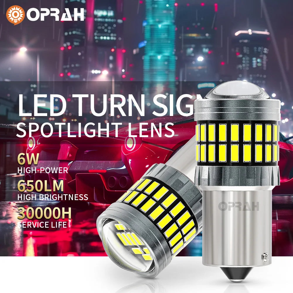 A silver LED turn signal spotlight lens with yellow light emitting diodes shown against a blurred background.
