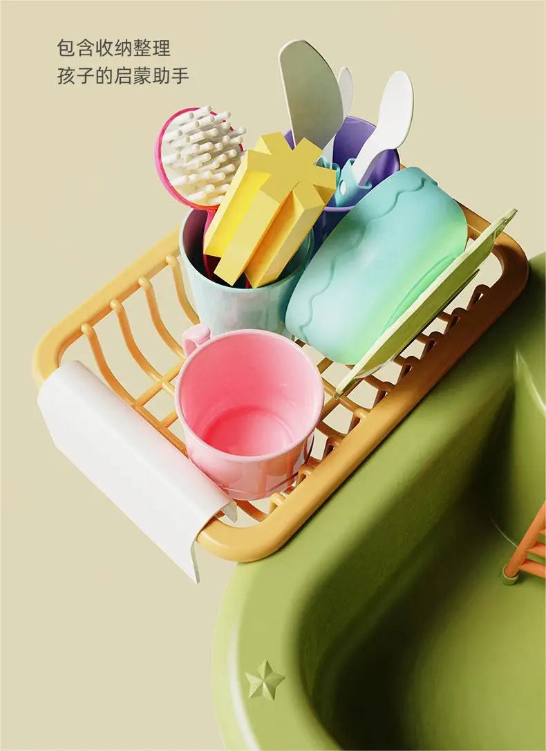A kids electric kitchen sink playset featuring various colorful utensils and a pink cup in a green basin.