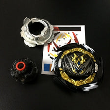 A metal battle spinning top with sound effect is shown next to a metal ring and a card.