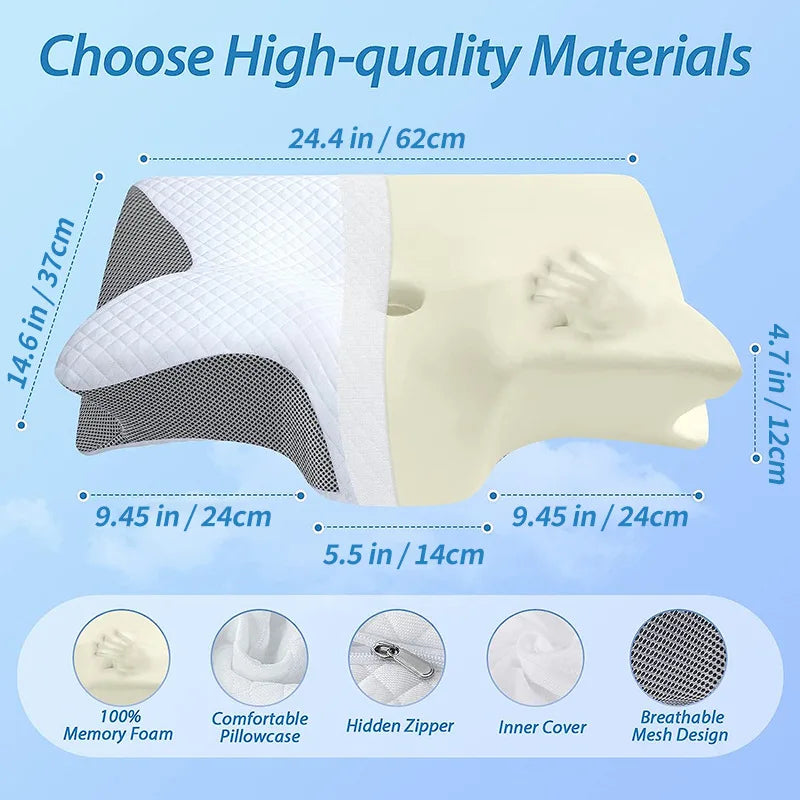 Almohada cervical de espuma viscoelástica blanca con diferentes dimensiones y características como cremallera oculta y malla 