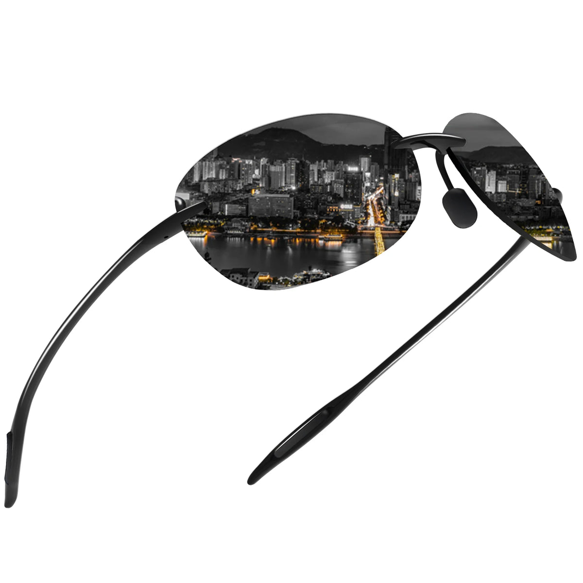 Rimless polarized sport sunglasses with dark lenses and black arms against a cityscape background