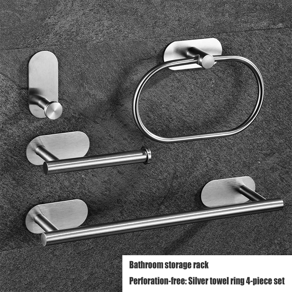 A set of four silver stainless steel towel rings and a storage rack with adhesive mounting for bathroom use.