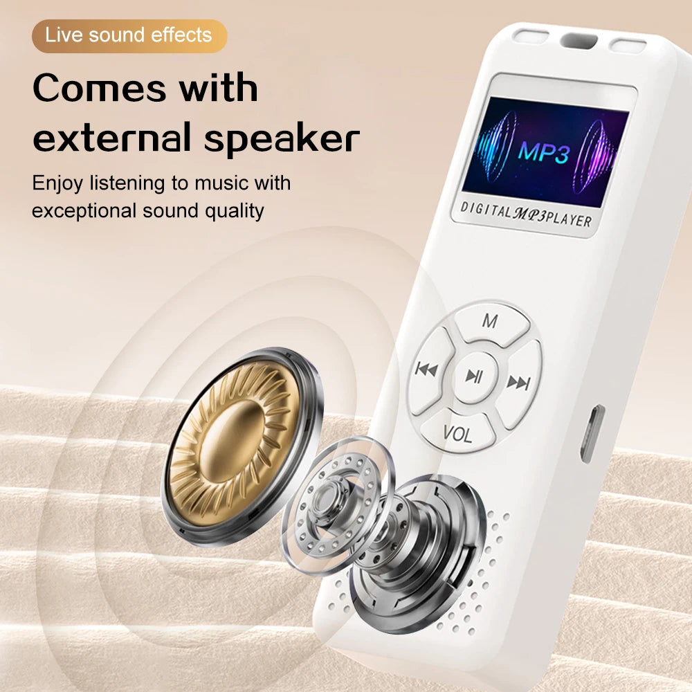 A white compact digital voice recorder with an external speaker and volume control is shown against a light background.