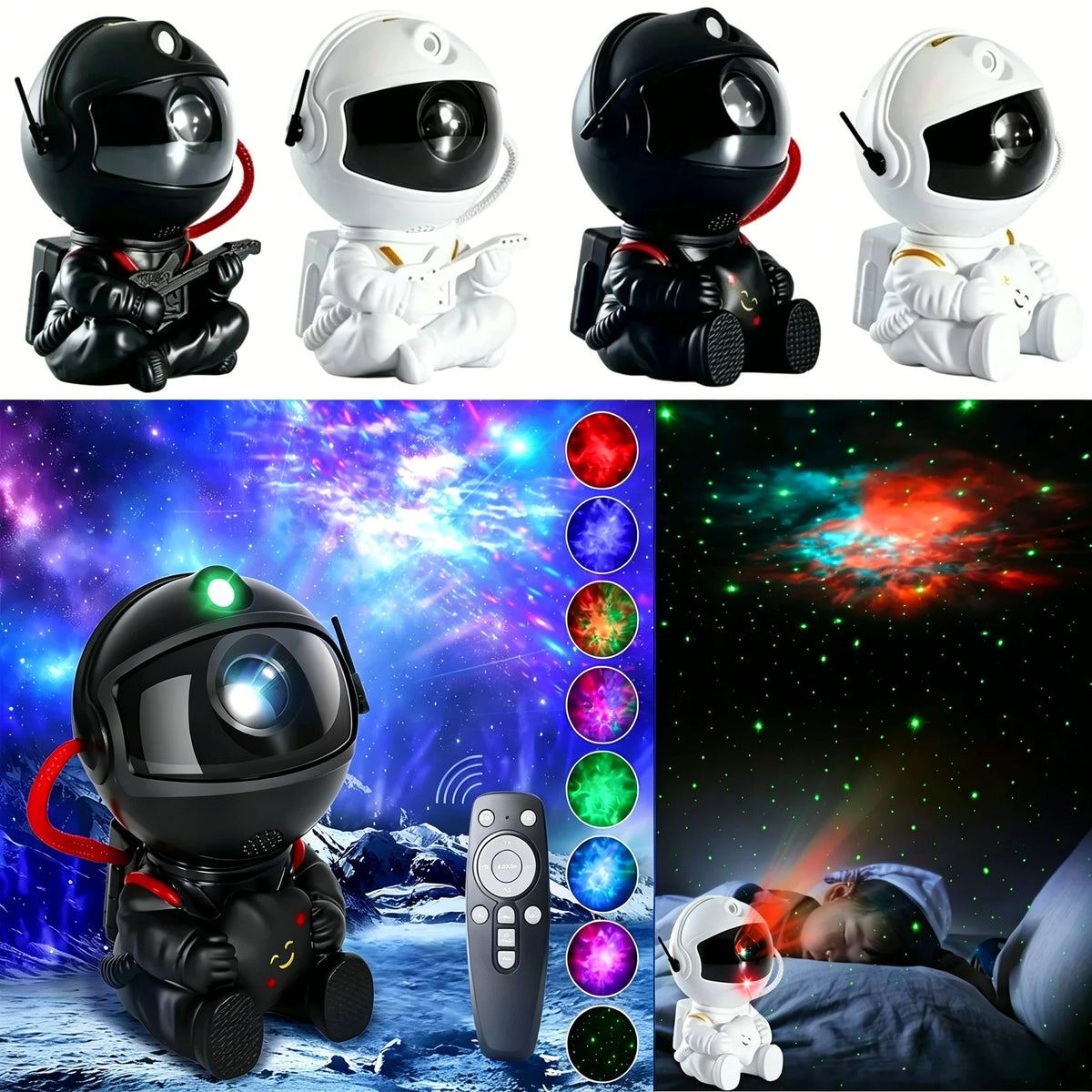 Astronaut Galaxy Star Projector night light showing various space scenes and a figure in a white suit