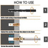 Three steps showing how to use a heavy-duty self-tapping wall anchor to drill a hole and embed an object.