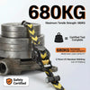 A stack of heavy duty ratchet tie-down straps with a yellow and black webbing strap showing the 680KG maximum tensile strengt