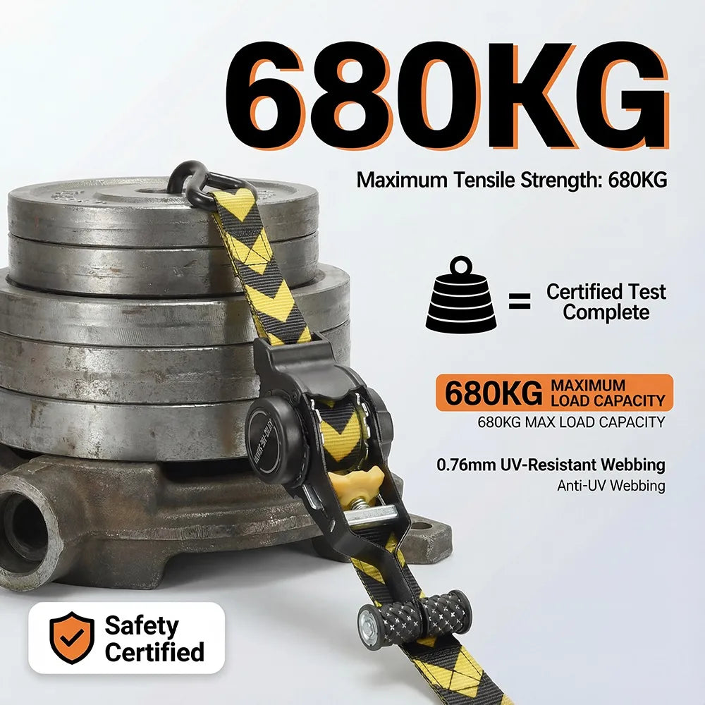 A stack of heavy duty ratchet tie-down straps with a yellow and black webbing strap showing the 680KG maximum tensile strengt