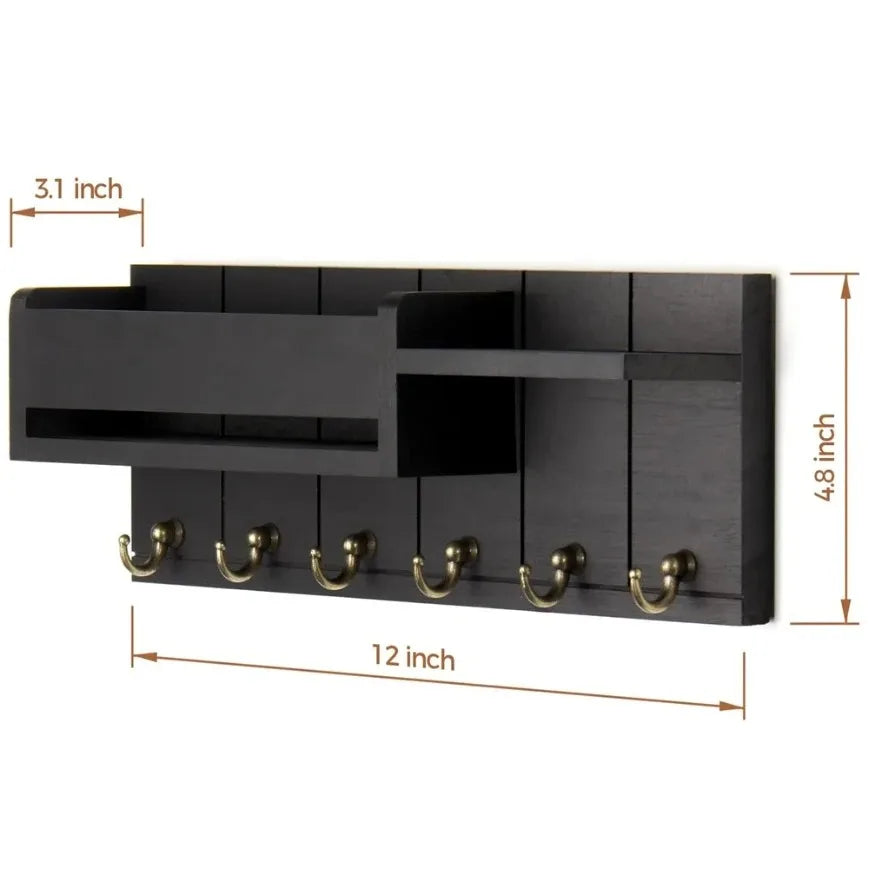 Porta llaves rústico de madera negra con doce ganchos y dimensiones de 3.1 x 4.8 pulgadas.