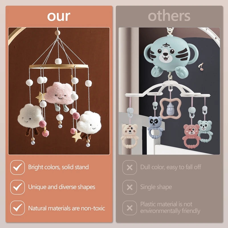 Wooden and Felt Crib Mobile with Cloud and Star Rattles