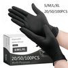 A hand wearing black disposable nitrile gloves is shown next to a box of 100 pairs of multi-purpose gloves.