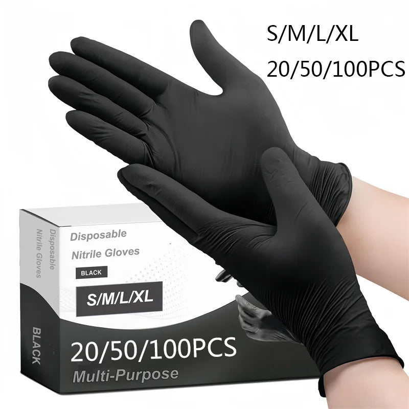 A hand wearing black disposable nitrile gloves is shown next to a box of 100 pairs of multi-purpose gloves.