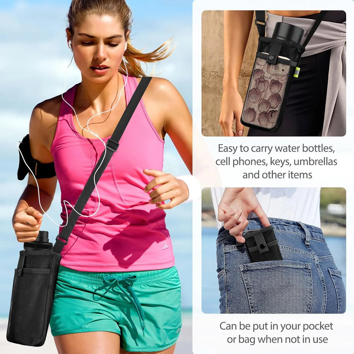 A woman wearing a pink tank top carries a black water bottle carrier across her body.